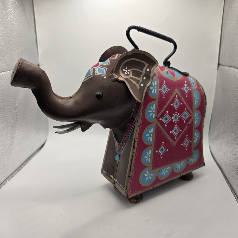 Vintage Heavy Metal Elephant Watering Can Hand Painted Pink Blue Decor 13.5in